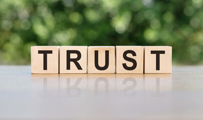 TRUST word written on wooden blocks. The text is written in black letters and is reflected in the mirror surface of the table. Business concept for your design.