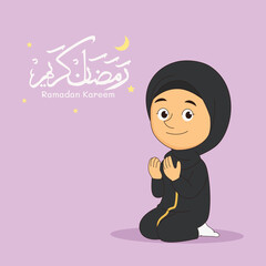 Young Muslim Boy Praying,Ramadan kareem,happy fasting ramadan cute cartoon illustration arabic