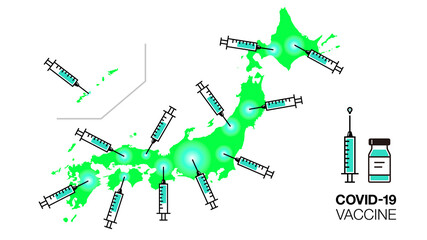 日本地図と新型コロナワクチン接種のベクター背景イラスト素材