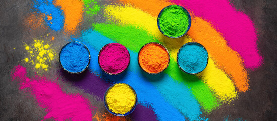Holi colored paints. Holi traditional festival. Colorful powders in a bowl. Top view, banner.