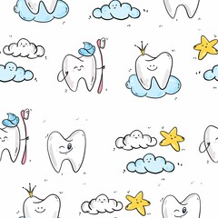 Tooth teeth medicine teeth fairy teeth magic dentist cloud star baby pattern paper digital paper scrapbook paper fabric pattern textile pattern baby clothing pattern seamless texture white background