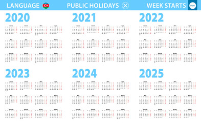 Calendar in Azerbaijani language for year 2020, 2021, 2022, 2023, 2024, 2025. Week starts from Monday.