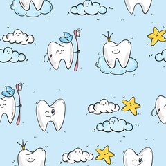Tooth teeth medicine teeth fairy teeth magic dentist cloud star baby pattern paper digital paper scrapbook paper fabric pattern textile pattern baby clothing pattern seamless texture blue background