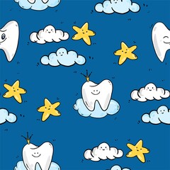 Tooth teeth medicine teeth fairy teeth magic dentist cloud star baby pattern paper digital paper scrapbook paper fabric pattern textile pattern baby clothing pattern seamless texture blue background