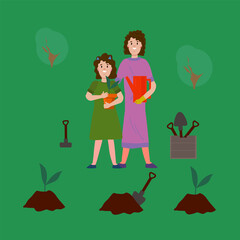 Mother and child gardeners. Illustration of a family in a park. People plant trees. Poster on the nature of a man with a watering can. A child with seedlings for gardening. Vector illustration