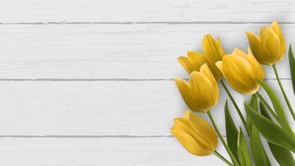 Realistic tulip background. Spring web banner template. Yellow flowers with wooden background. Vector illustration for ads, banner, mother's day, sale, promotion, discount. 