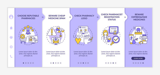 Buying medicine online tips onboarding vector template. Beware cheap medicine spam. Check pharmacy logo. Responsive mobile website with icons. Webpage walkthrough step screens. RGB color concept
