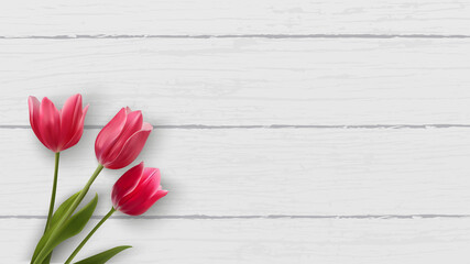Realistic tulip background. Spring web banner template. Red and pink flowers with wooden background. Vector illustration for ads, banner, mother's day, sale, promotion, discount. 