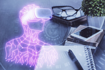 Double exposure of man wearing VR glasses drawing and mobile phone background. Concept of AR, reality