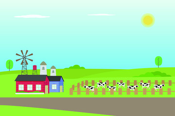 Livestock vector concept: Flock of cows in the livestock with farmhouse and windmill