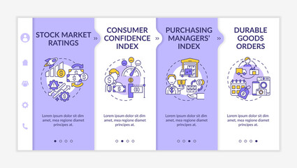 Consumer confidence index onboarding vector template. Durable goods orders. Responsive mobile website with icons. Rating of stock market. Webpage walkthrough step screens. RGB color concept