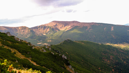 mountain ridge landscape, stones among green forest, cloudy sky on a foggy day