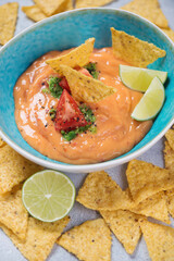 Close-up of queso or mexican vegetable and cheese dipping sauce served with corn chips, vertical shot
