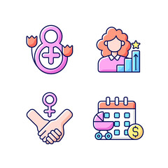 Feminism RGB color icons set. Girl power. Women day. Paid maternity leave. Women in government. Movement for equalization of women rights. Establishing social justice.Isolated vector illustrations