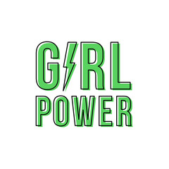 Girl power with thunderbolt. Motivational phrase. Feminist quote. Black outline. Green. Vector illustration, flat design