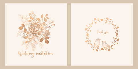 Wedding invitations set. Birds, bouquet of flowers and wreath of leaves. Vector. Vintage.