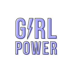Girl power with thunderbolt. Motivational phrase. Feminist quote. Black outline. Violet. Vector illustration, flat design