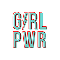 Girl pwr with thunderbolt. Motivational phrase. Feminist quote. Red outline. Red and blue. Vector illustration, flat design