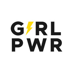 Girl pwr with thunderbolt. Motivational phrase. Feminist quote. Concept of girl power. Vector illustration, flat design