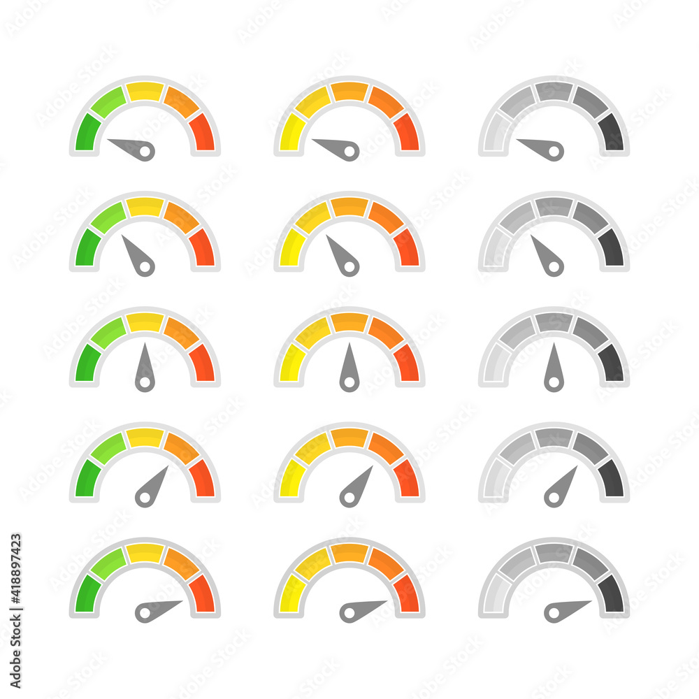 Aufkleber speedometer with arrow icon. collection of colorful infographic gauge element. speedometers or ratin