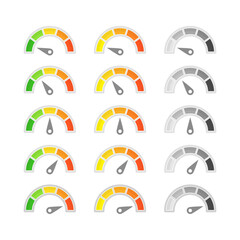 Speedometer with arrow icon. Collection of colorful Infographic gauge element. Speedometers or rating meter signs for apps. Tachometer, flowmeter with multicolored indicator.