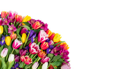 Border with colorful spring flowers isolated on a white background. Floral texture. Banner. Valentine's background. Copy space, top view