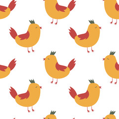 Vector seamless pattern with chickens in yellow and red on white background. For textile, wrapping paper, kids design, Easter decoration. Bright graphic surface design