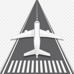 Airplane and airport elements in top view. Vector illustration of an airplane on a runway. Travel concept in flat style.