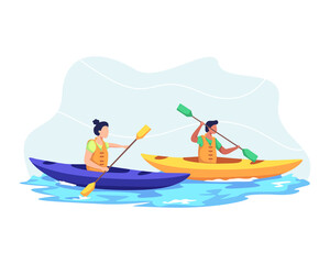 Couple kayaking together illustration. Young couple kayaking on lake together, Kayaking sport competition. Man and woman vacation, Wild and water fun on summer. Vector illustration in a flat style