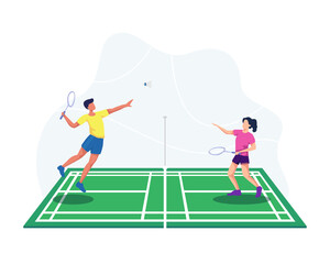 Playing badminton illustration. Badminton player jumping get ready to smash shot, Man and woman badminton player. People playing badminton with shuttle on court. Vector illustration in a flat style - obrazy, fototapety, plakaty