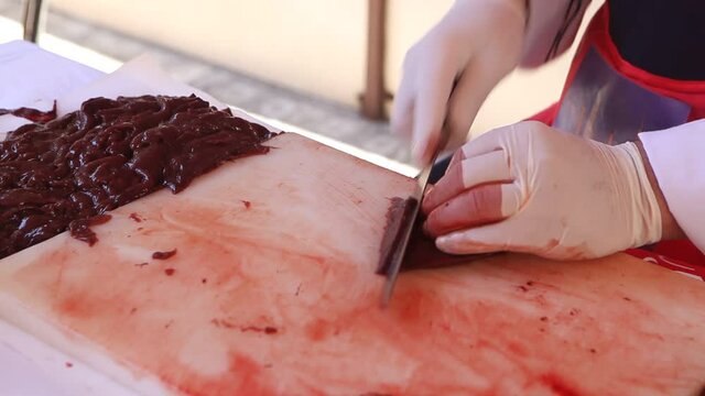 Video of cutting liver with knife. Turkish livers. Turkish ciger