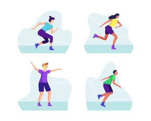 Man and woman on roller skates riding. Group of rollerblades illustration, Playing roller skates outdoors. People on rollerblades, Urban activity vector. Vector illustration in a flat style