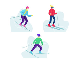 Vector illustration of skiers. Male and female cartoon ski riders, Winter mountain sports activity. Winter outdoor activities, Skiing in snow, Sport and ski resort concept. Vector in a flat style