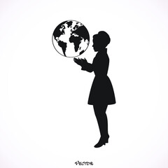Woman silhouette holding the Earth in hands