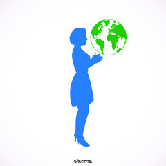 Woman silhouette holding the Earth in hands