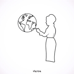 Portrait of beautiful casual woman pointing at globe against white background 