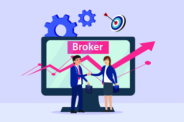 Broker and investor handshaking together with growing financial graph on the monitor