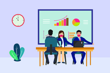 Business team having a meeting while wearing face mask in office with financial chart background