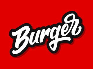 Vector illustration of Burger logo with hand lettering isolated on red background. Design concept, template, element