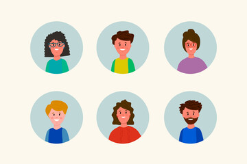 Fototapeta na wymiar A set of portraits of people. Cute illustration of a person. Avatar of women and men of different ages. Vector illustration