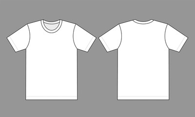 Blank White Short Sleeve T-Shirt For Template On Gray Background.Front And Back View.
