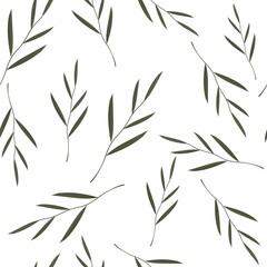 Fototapeta premium Seamless plant branch with leaves background. Modern, nature elements vector illustration on a white background. Trendy botanical design for fabric or wallpaper. Scandinavian illustration.