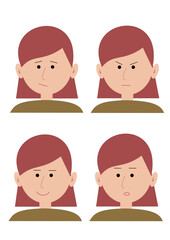 Set of emotions
girls with brown hair. Smile, sadness, surprise, anger. Isolated on white background, vector illustration.