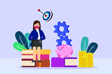 Businesswoman working with laptop while sitting on the books with piggybank and money coins. Financial management vector concept