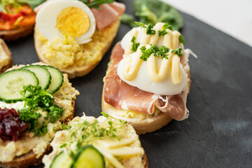 selection board of open sandwiches dips, spreads, cold cut meat, cheese, egg and salad 