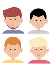 Set of young smiling guys. A group of guys. Isolated on white background, vector illustration.