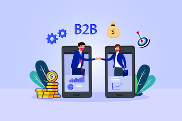 Business vector concept: Young businessman and woman shaking hands on the smart phone with business to business concept