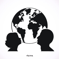 Black silhouette man and woman in front of world, communication  concept. Flat style.