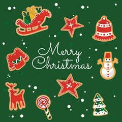 Delicious gingerbread, Christmas or New Year's winter food. The figurines are decorated with sugar glaze. Festive set of cookies. Vector illustration of Happy New Year and Merry Christmas,