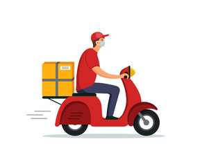 Food delivery. Courier service on motorcycle. Fast delivery of food from restaurant. Man on scooter with meal, pizza and grocery. Person with box on motorbike for distribution of order. Vector